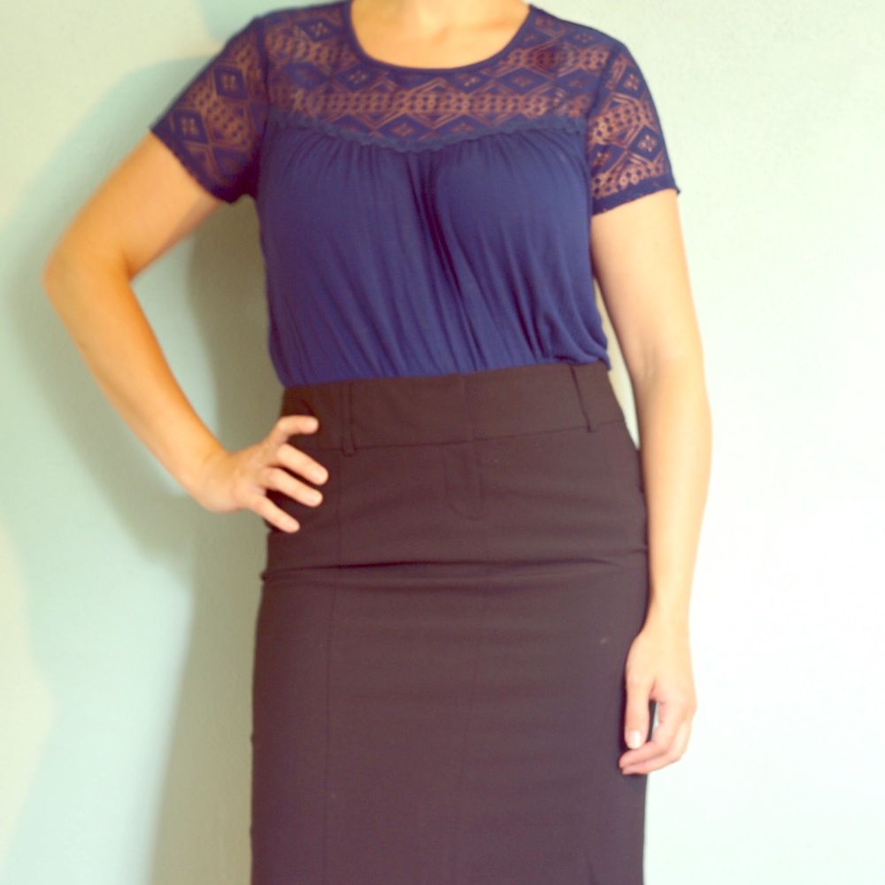 Dark blue lacy crisscross back top